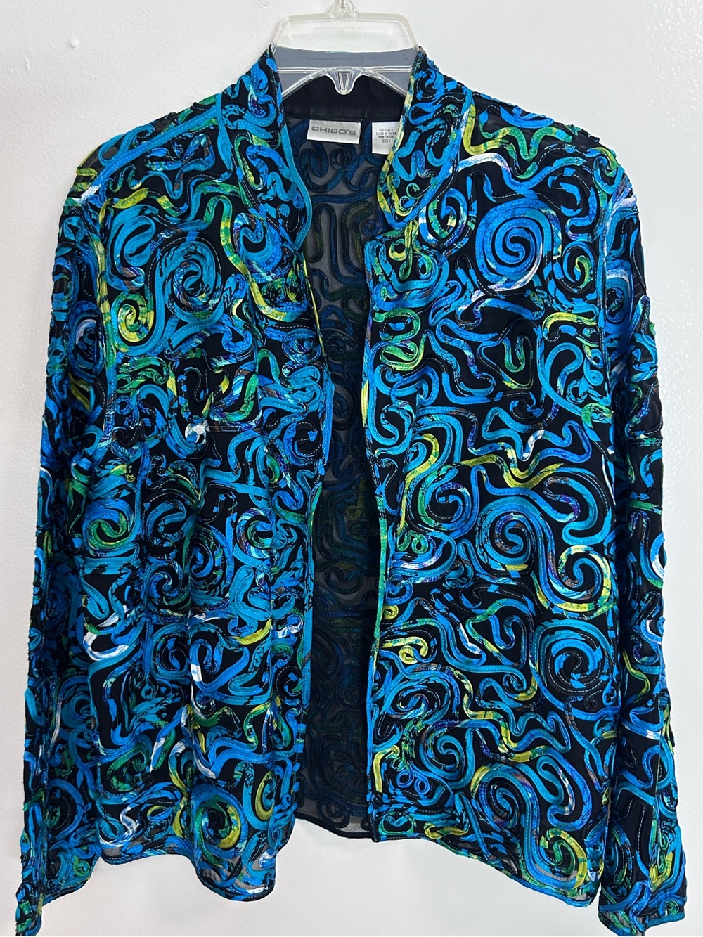 Chico's Purple Black 100% Silk Open-Weave Soutache Cardigan Art to Wear Medium